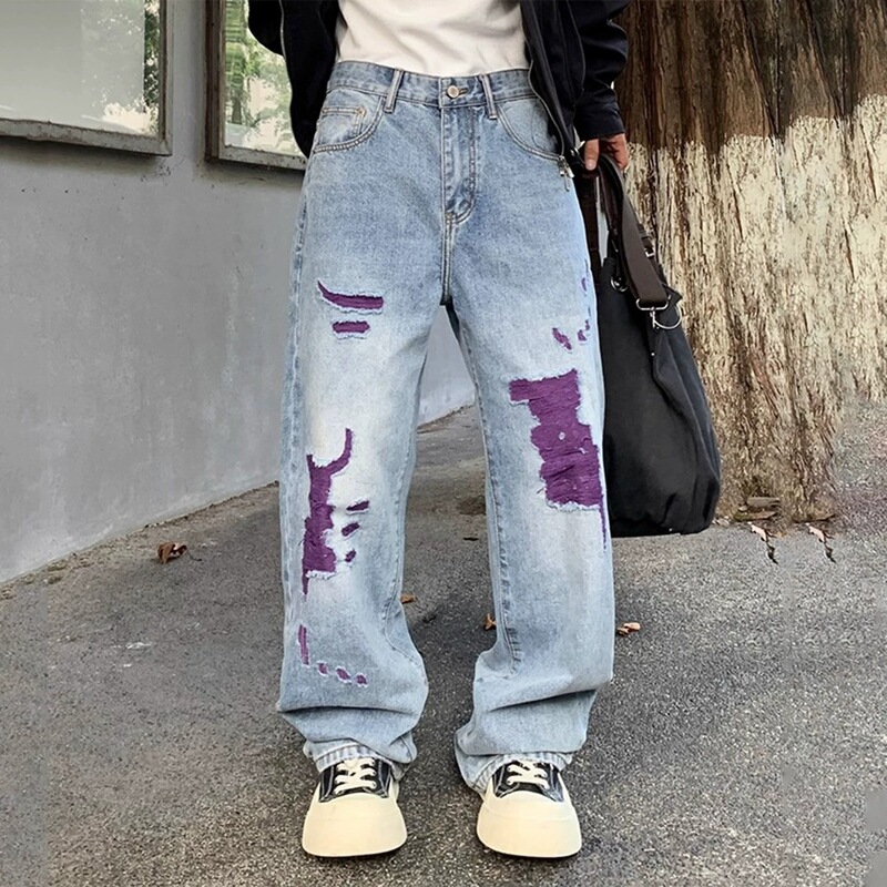 Japanese Okayama American-Style High Street Ripped Jeans for Men, New Summer Trendy Brand Loose Straight Casual Long Pants