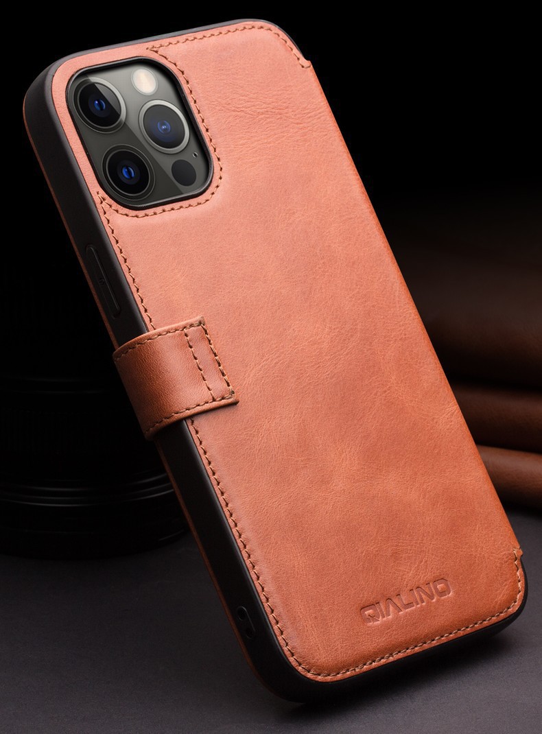 Ốp lưng da thật iPhone 12 Pro Max nắp lật mini có ngăn đựng thẻ — Khóa từ tính iPhone 12 mini 5,4 inch màu đen, Khóa từ tính iPhone 12 mini 5,4 inch màu nâu đậm, IPhone12 Pro Max 6,7 inch khóa từ tính doanh nhân màu nâu nhạt chi tiết 5