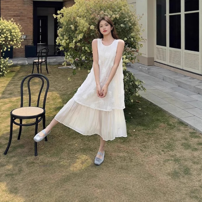 Dress Women's Sleeveless Summer Sweet Three-Dimensional Large Size French Splicing Mid-Length Skirt Loose Fake Two-Piece Vest Dress