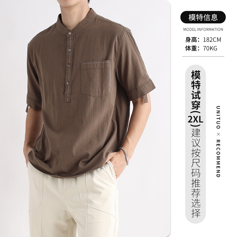 Camisa de media rebeca con cuello Henry, camisa de hombre de manga corta de algodón con cuello alto, camisa casual de marca de moda de verano para hombre suelto, verano para hombre