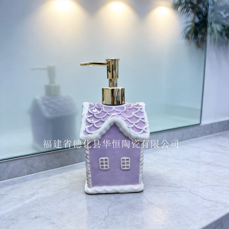 Factory Custom-Made Christmas Embossed Purple House Ceramic Lotion Bottle, Hand Sanitizer Christmas Ceramic Press-Type Dispensing Bottle