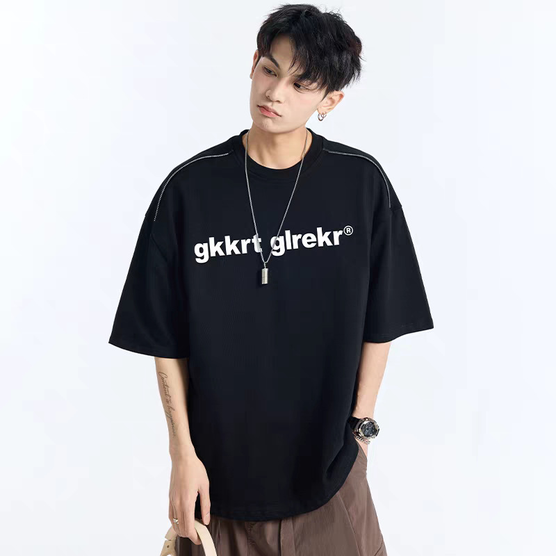 厚手の立体プリント純綿半袖Tシャツ メンズ トレンドブランド ゆったり 夏 薄手 カジュアル 五分袖トップス|undefined