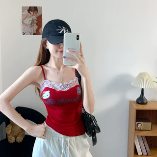 3045#夏季新款甜辣风字母印花拼接蕾丝吊带背心女修身固定带胸垫