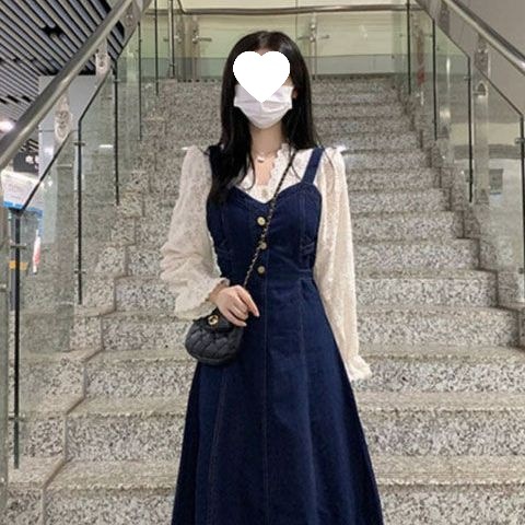 春秋装2025年新款高级感小香风打底蕾丝牛仔吊带连衣裙套装裙女装