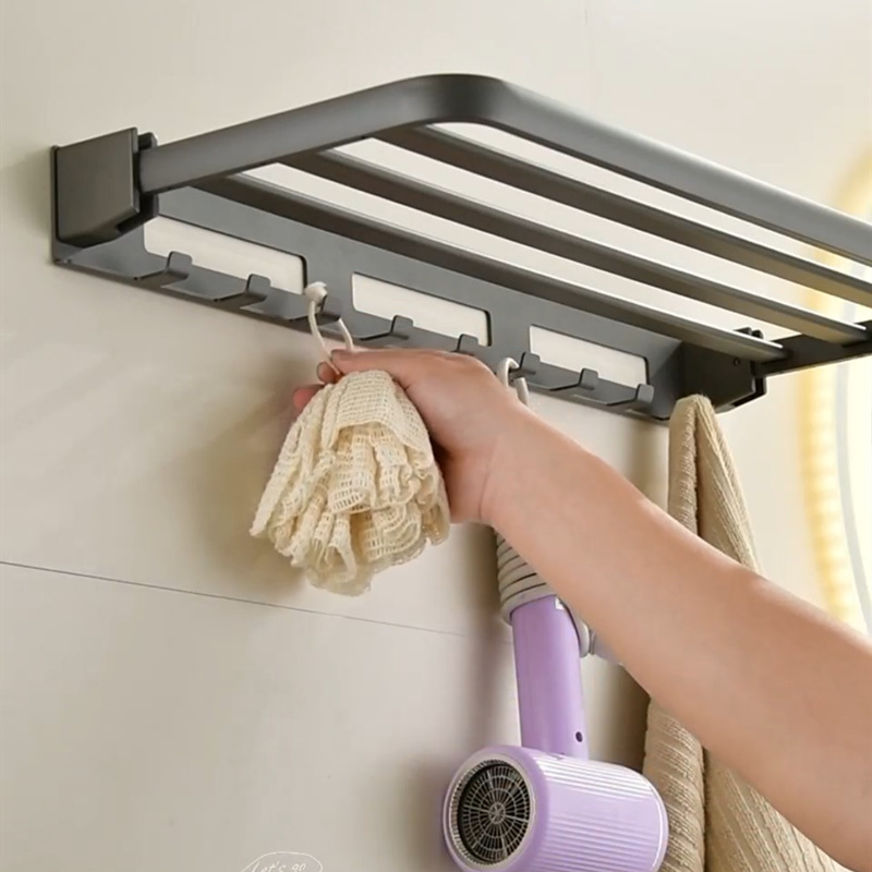 Estante de baño sin perforación de aluminio, plegable con ganchos