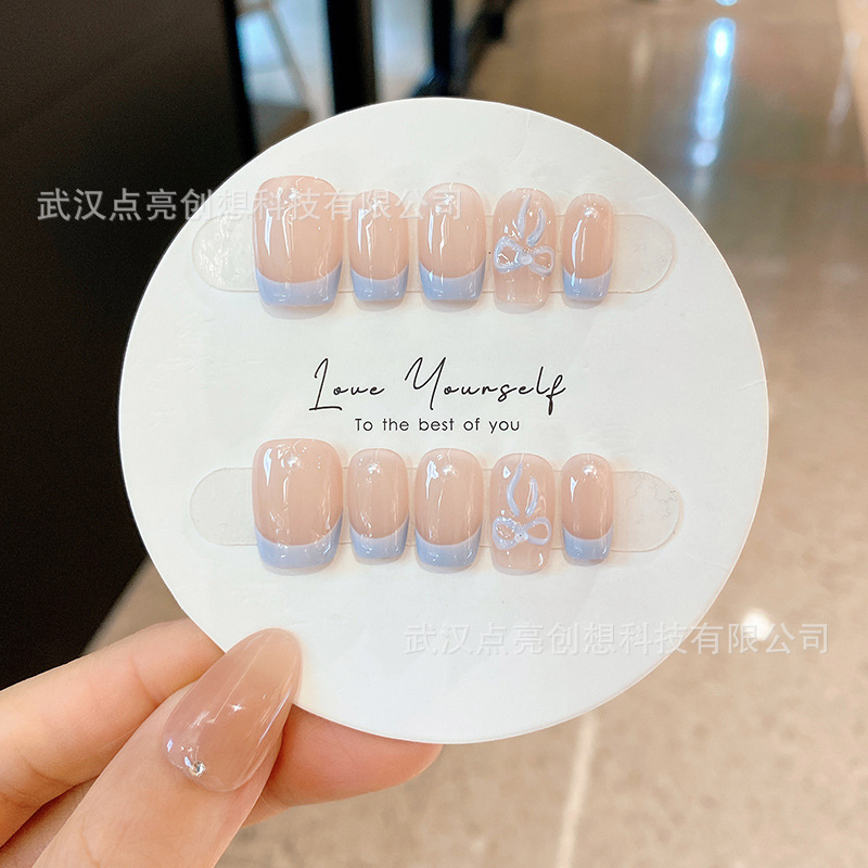 (Handmade Wearable Nails) Light Blue French Bowknot Nail Art for Autumn and Winter, Gentle and Skin-Brightening Wearable Nail Pieces