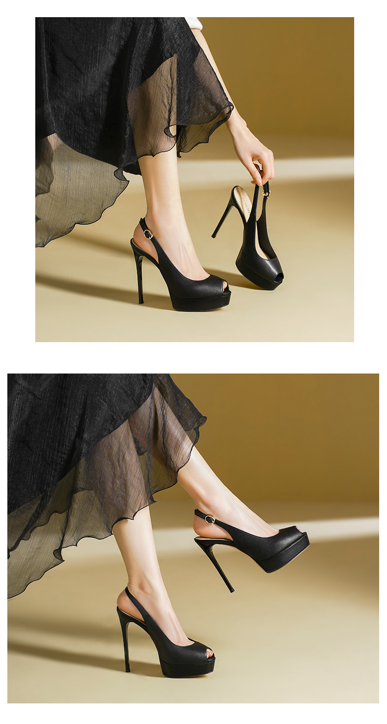 Sandal cao gót nữ mũi nhọn hở mũi, gót siêu cao, đế chống thấm nước — Màu đen chi tiết 7