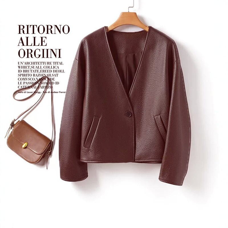 Short V-neck PU leather jacket for women, new spring and autumn style, loose fit, single-breasted, fashionable and versatile coat Short V-neck PU leather jacket for women, new spring and autumn style, loose fit, single-breasted, fashionable and versatile coat
