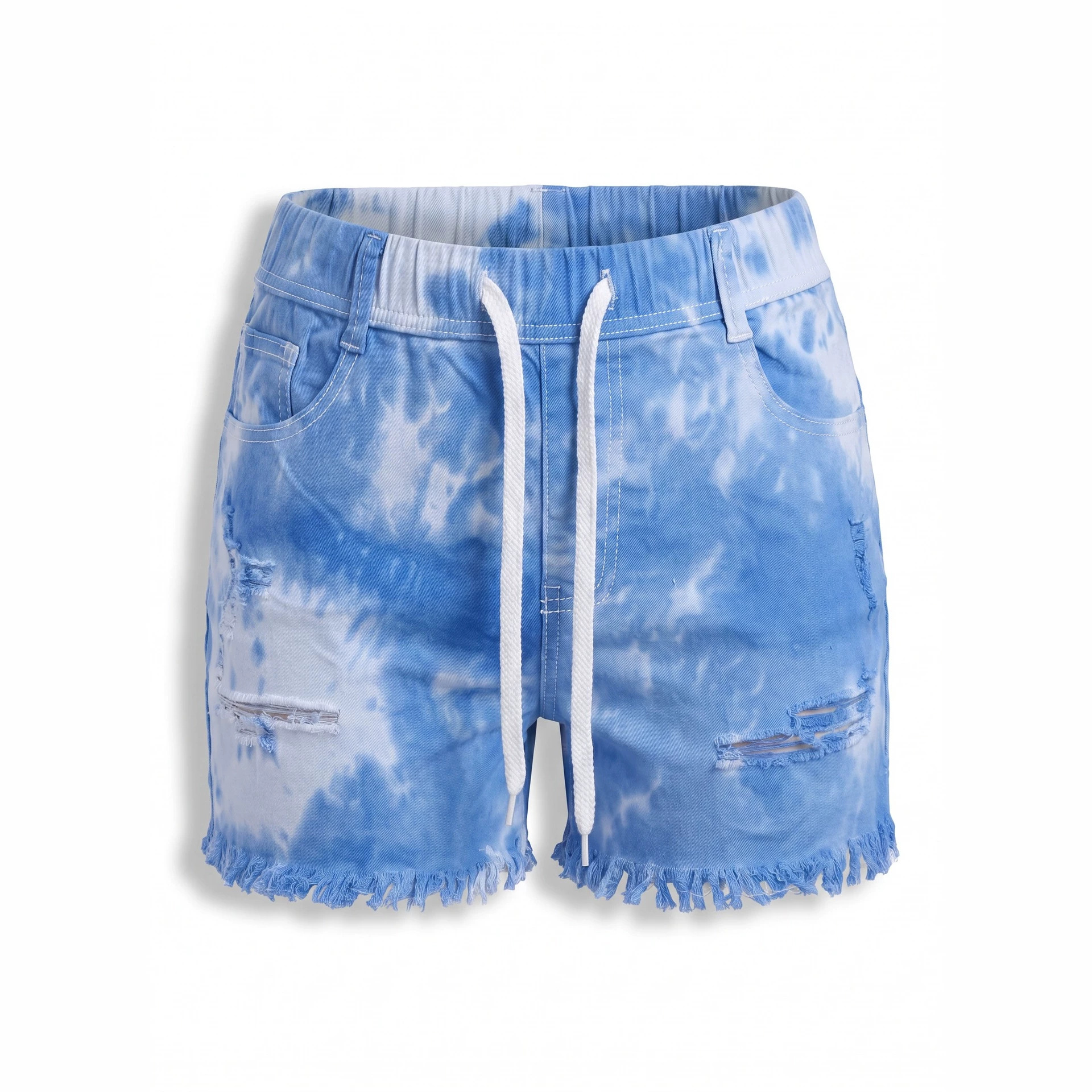 Suministro exclusivo transfronterizo 2026 para Europa y América: Shorts vaqueros tie-dye rasgados para mujer, nuevo estilo de verano con cordón, cintura alta, bordes deshilachados, en stock.