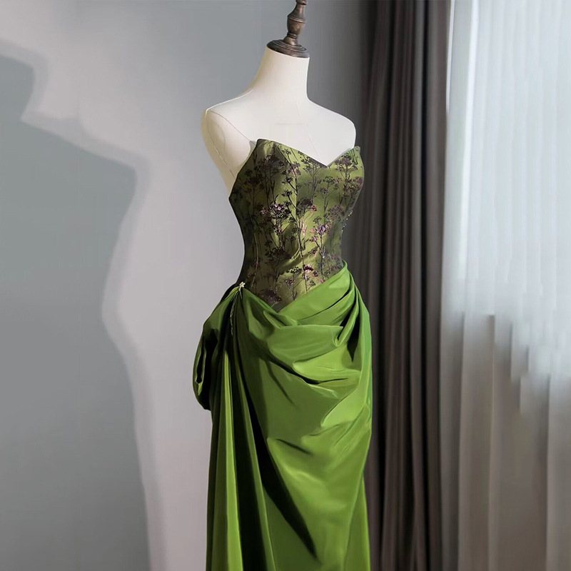 Green new Chinese morning gown toast dress bride engagement dress light luxury niche long tube top dress