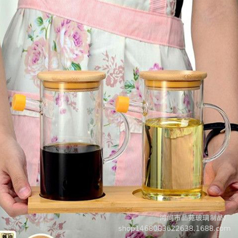 High borosilicate glass oil pot home kitchen bamboo wood cover oil…