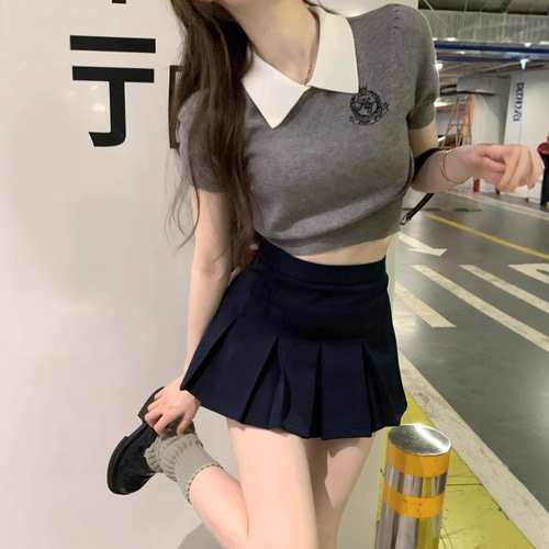 OAJER European and American Style Children's Clothing Flagship Eagle Same Style Women's Student Woolen Sweater Women's Summer Knit Polo Neck Short Sleeve Top