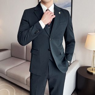 Quality Men's Suit Wool Blend Flat Barge Collar Single Row Two-Button Business Suit Two-Piece Groom Dress