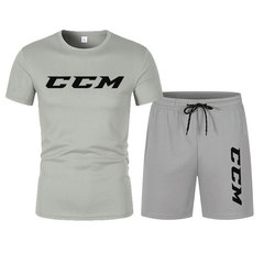 クロスボーダー メンズ サマー スポーツ 速乾スーツ 半袖 メッシュ Tシャツ 2点セット ゆったり 大きいサイズ CCM プリント スーツ
