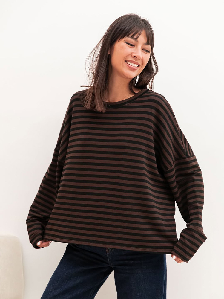 Moda universal relajado cuello redondo de manga larga rayas camiseta de punto 2025 otoño y invierno nuevo estilo europeo y americano transfronterizo