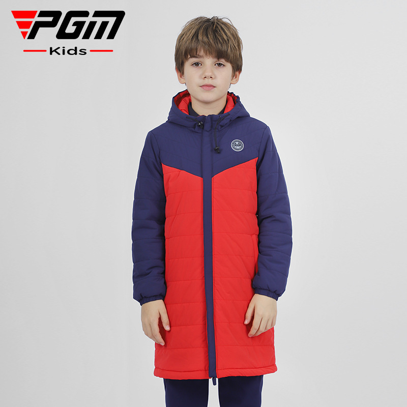 Pgm Kidsren's Golf Jacket, Boy's Cotton Warm Long Hooded Cotton Jacket, Color Matching Design, Simple and Fashionable