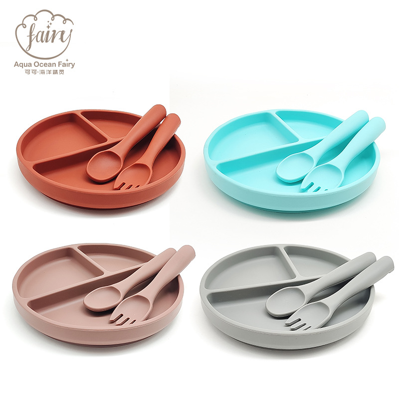 Cross-border Wholesale Round Silicone Dinner Plate Baby Children Suction Cup Integrated Tableware Learning to Eat Training Split Plate Supplementary Bowl