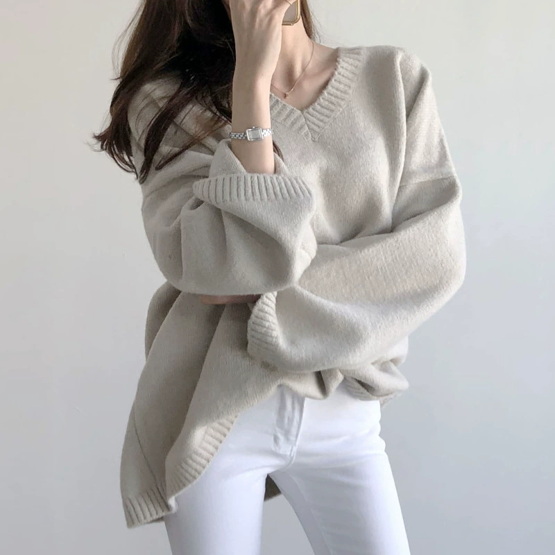 Solid knitted sweater, jacket, V-neckline, Korean style