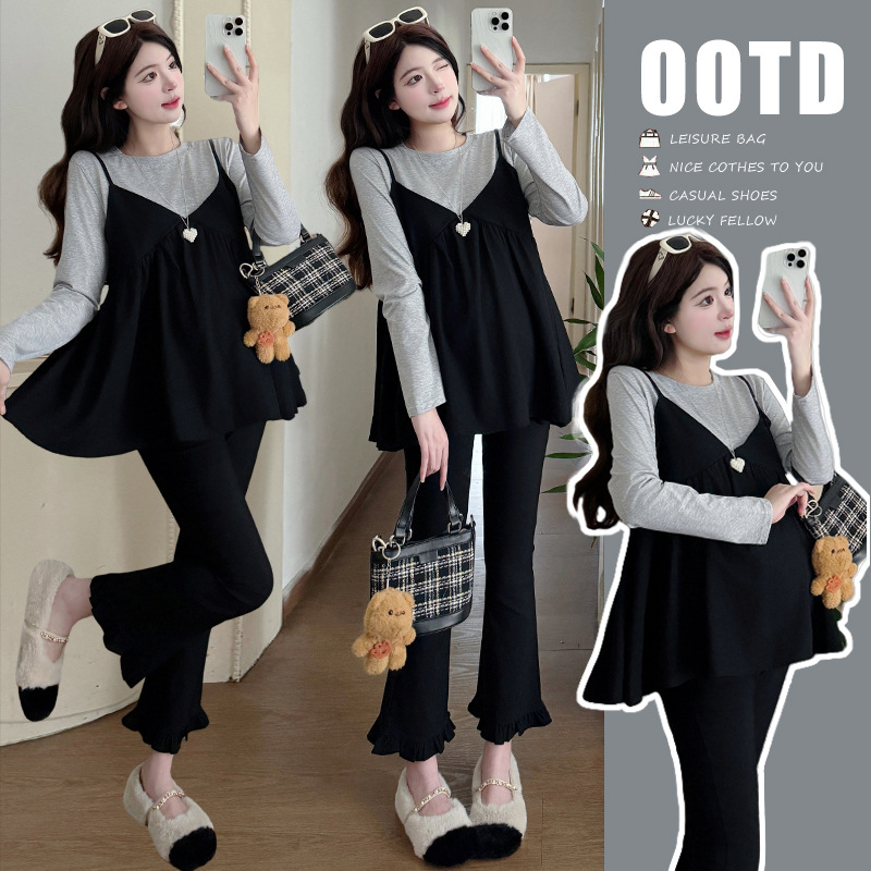 孕妇装秋装撞色长袖上衣秋季托腹九分裤春秋孕妇套装休闲两件套秋