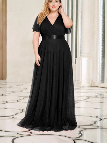 Fashionable Plus Size High-Waisted Simple Elegant V-Neck Net Dress Gown Popular in Europe and America Maid of Honor Dress