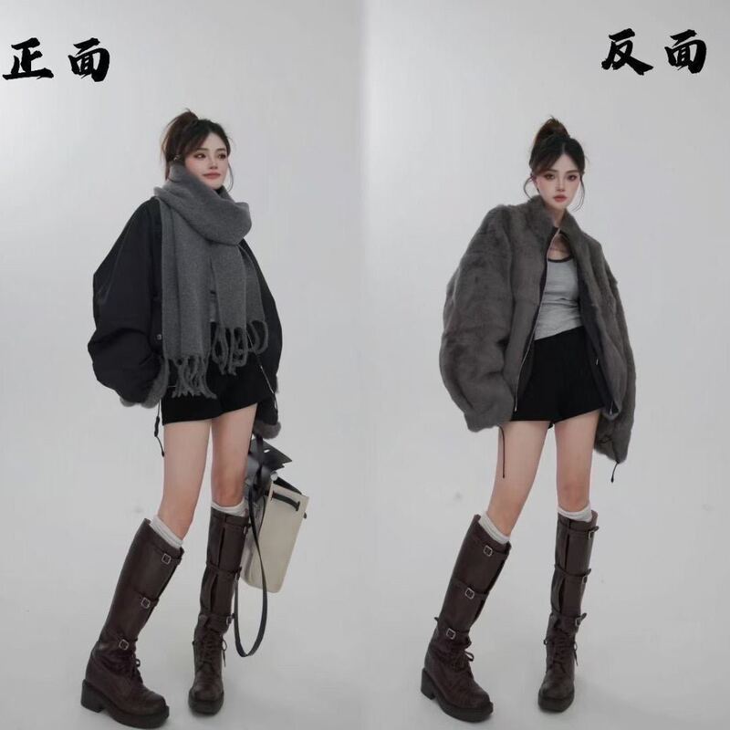 正反两面穿皮草真毛外套女2025秋冬新款韩版休闲兔毛内胆尼克服|undefined