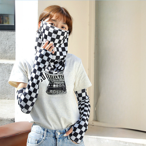 防晒袖套男女夏季户外钓鱼骑行遮阳全脸挂耳面罩冰丝开车手套冰袖