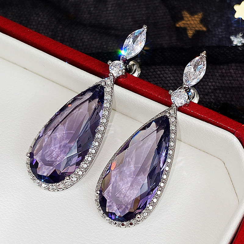 Boucles d'oreilles goutte d'eau classiques Cao Shi incrustées de boucles d'oreilles longues en zircon violet, boucles d'oreilles de mariée, accessoires de dîner_voghion.com