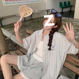 夏季可爱贴布刺绣小狗宽松条纹衬衫女2026百搭休闲五分袖开衫上衣