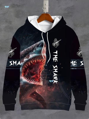 3D Men 's Sweatshirt with Scary Shark Pattern , Long Sleeve