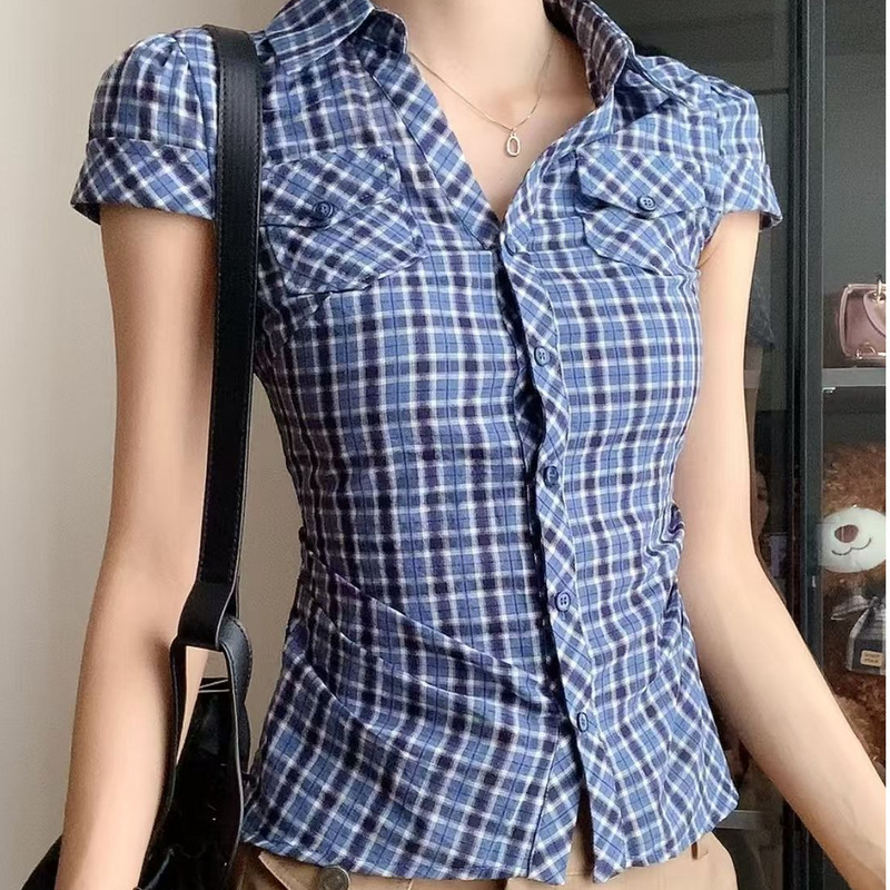 设计感蓝色格子短袖衬衫女夏季复古褶皱收腰修身衬衣小众掐腰上衣|undefined