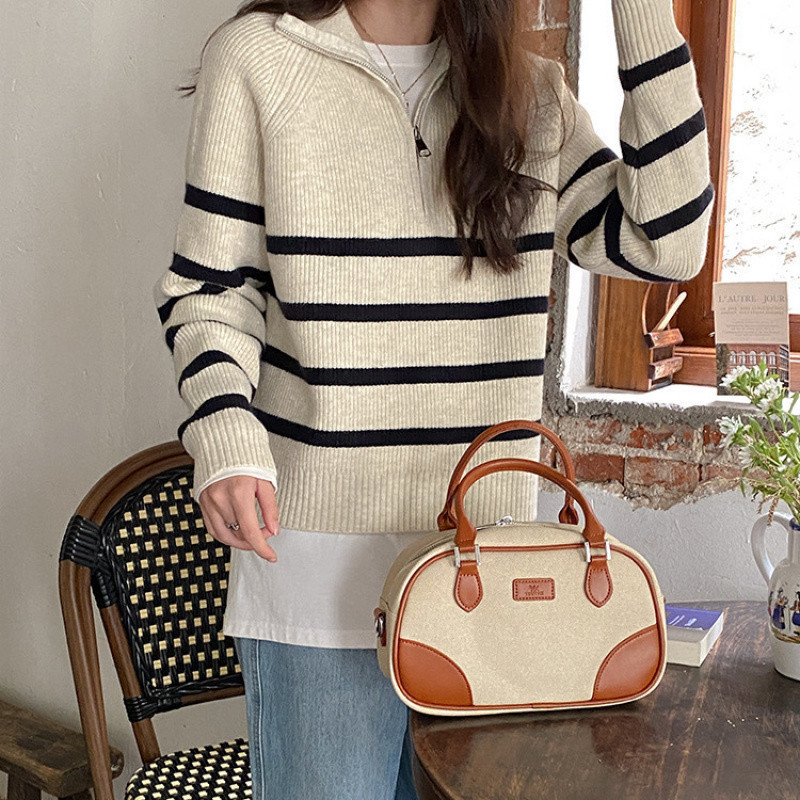 (2개) 하프 지프 스트라이프 스웨터 여성의 가을과 겨울 새 옷깃 풀오버 레트로 느슨한 니트 스웨터 이른 가을 게으른 스타일 아우터