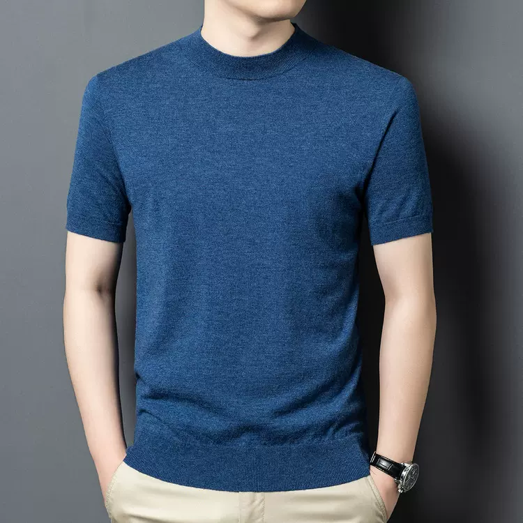 羊毛衫男100%绵羊毛针织打底衫男短袖针织羊毛衫T恤商务百搭纯色