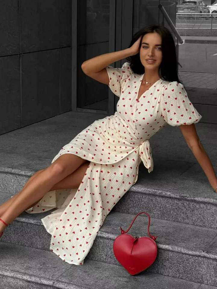Đầm liền cotton in hoa cổ chữ V tay bồng buộc dây lưng cao — Hoa oải hương, Hoa tulip màu hồng, Màu be, Màu hồng chi tiết 54