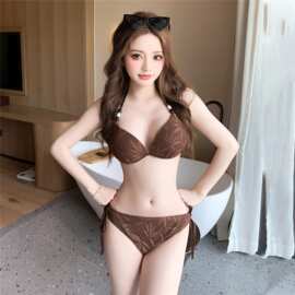 新款欧美绑带分体比基尼泳衣撞色绳带ins风性感bikini跨境泳衣女