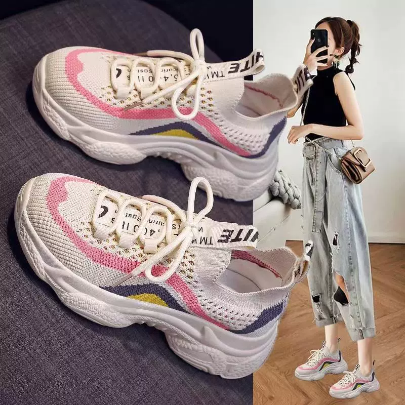 Летняя обувь папы женская обувь 2023 новые весенние и осенние кроссовки на толстой подошве носки для бега одиночные туфли ins дикий прилив