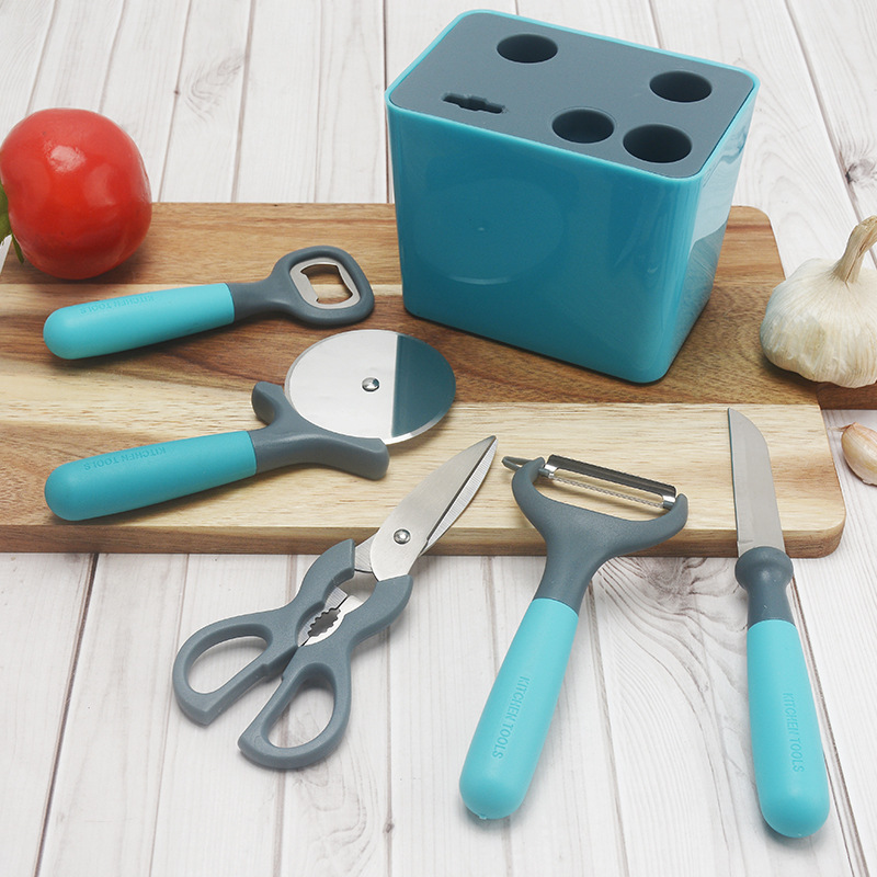 Abrelatas al por mayor de fábrica, corte de pizza, tijeras, pelador, juego de cuchillo de frutas, juego de seis piezas de herramientas de cocina multifuncionales