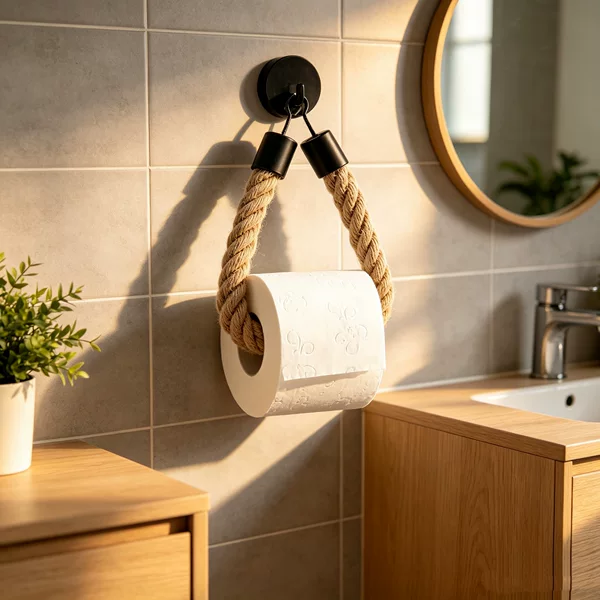 Hemp Rope Paper Towel Holder, Solid Wood Cotton Rope Woven Storage Towel Rack, Face Towel Storage Rack, Creative No-Drill Toilet Paper Holder