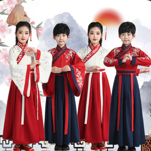 Children's traditional Hanfu and Guoxue attire: Girls' and boys' Guoxue outfits for the opening ceremony—perfect for performing the 