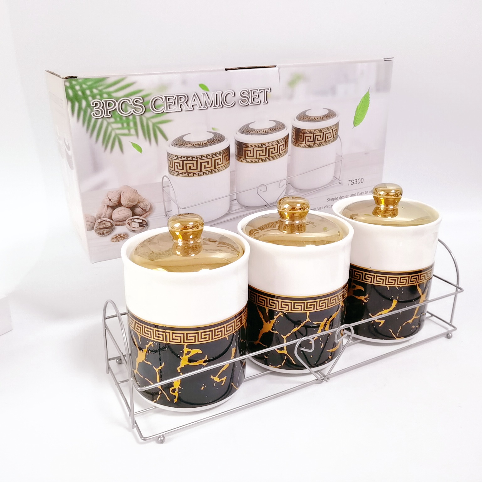 Transfronterizo de Oriente Medio Exportación de cerámica sellada jarra con estante de hierro condimento Jar de almacenamiento de cocina jarra de almacenamiento de dulces tarro de té