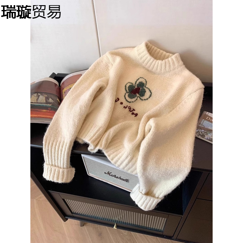 Beige colored demi-season Japanese retro knitted sweater