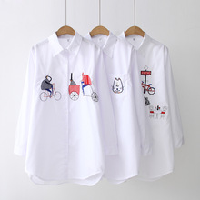 白衬衫秋新款韩版宽松舒适款中长款印花图案学生打底衬衣女式上衣