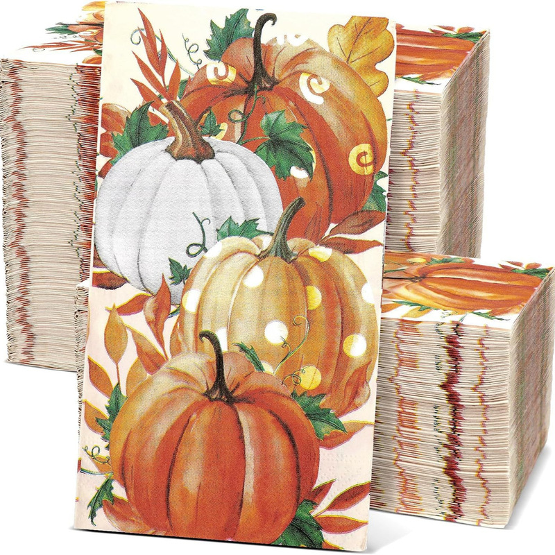 Thanksgiving pumpkin and autumn leaf guest napkins, autumn disposable hand towels, Thanksgiving autumn harvest napkins
