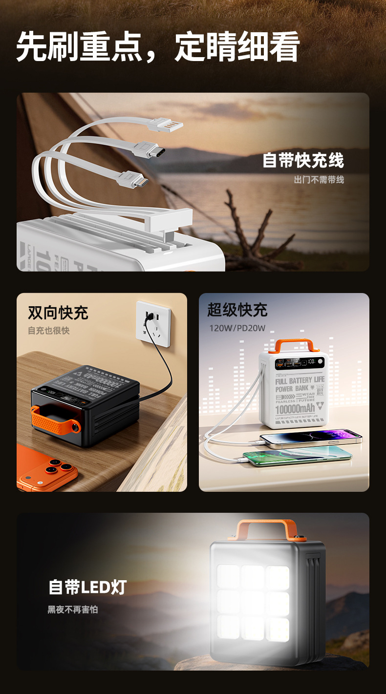 22.5W Super-Schnellladegerät, Powerbank mit großer Kapazität 100000mAh, integriertes Kabel, 3C-zertifiziert, mobiles Ladegerät für den internationalen Einsatz