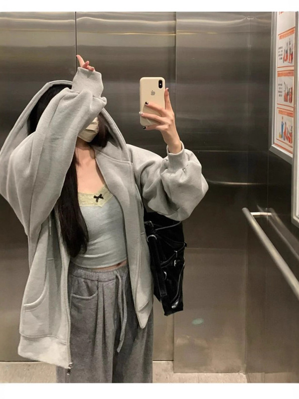 灰色连帽开衫卫衣女拉链休闲宽松oversize慵懒风外套秋冬季|undefined
