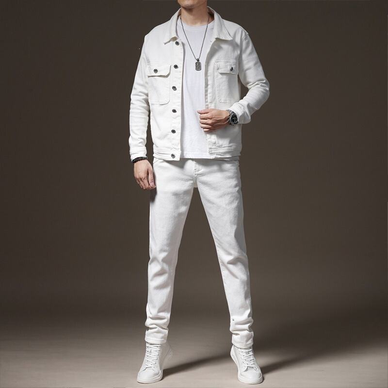 Men's Denim Suit Two-Piece Set Spring and Autumn 2023 New Style Jacket Top and Pants Trendy Elastic Men's Clothing