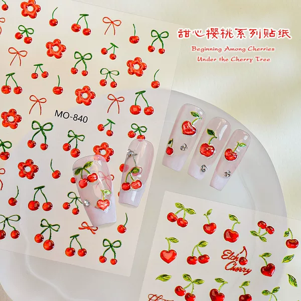 Spring and Summer Sweetheart Cherry Series Nail Art Stickers, Fresh and Translucent Sparkling Cherry DIY Nail Decoration Stickers