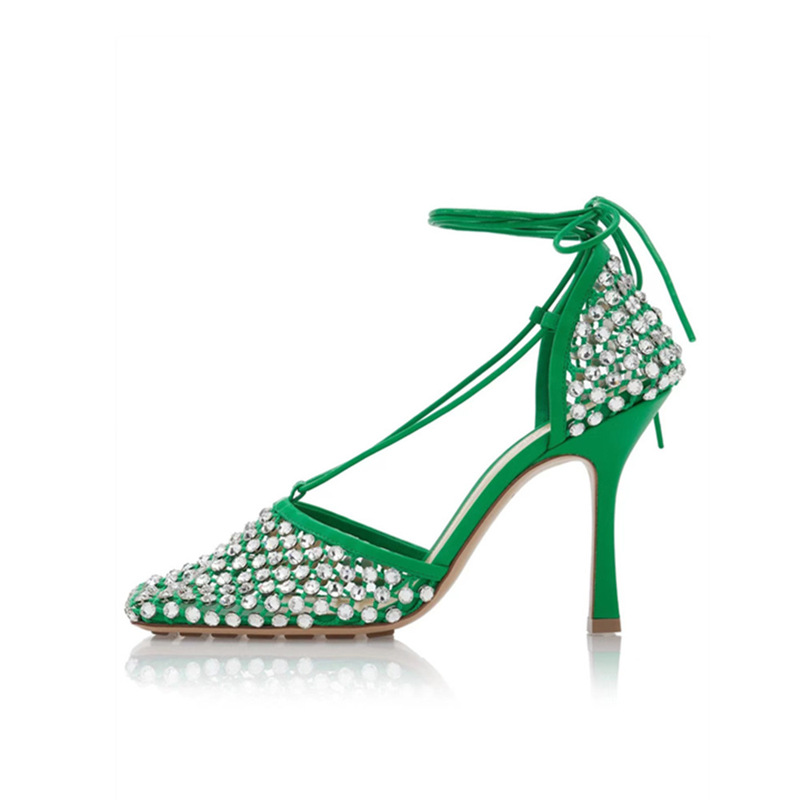 Fashionable Crystal Strap High Heels, Hollow Mesh, Shallow Mouth, Square Toe, Rhinestone High Heels, European and American Large Size Women's Shoes