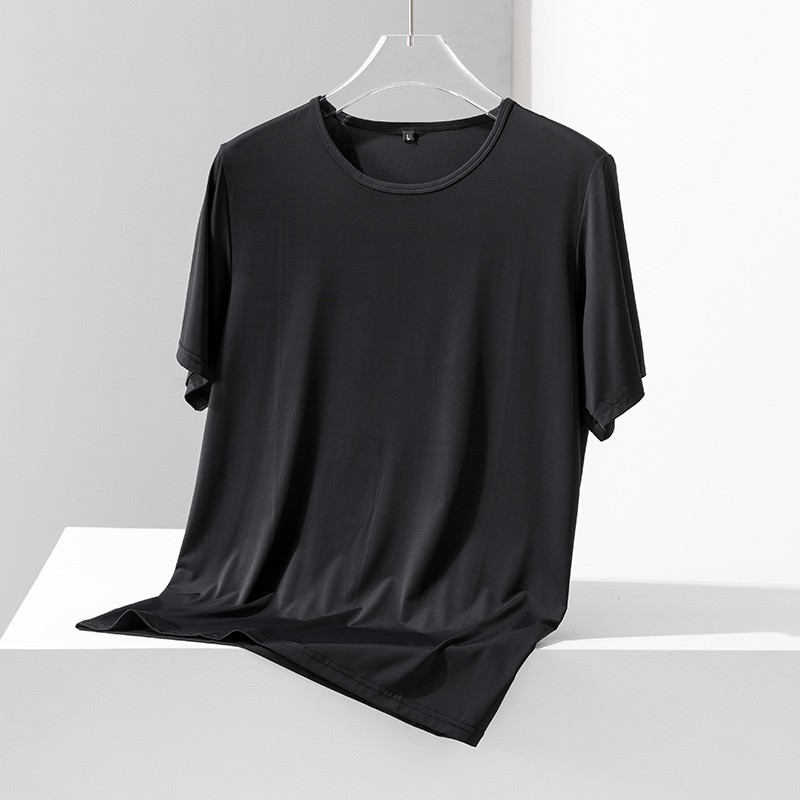 Summer thin silk solid elastic quick dry T-shirt with a round collar
