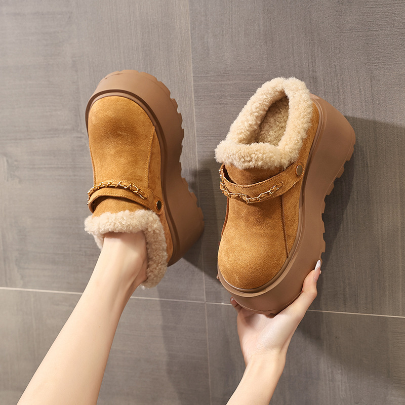 Dép lông giữ ấm mũi kín đế dày tăng chiều cao trong, phong cách Birkenstock thu đông — màu đen