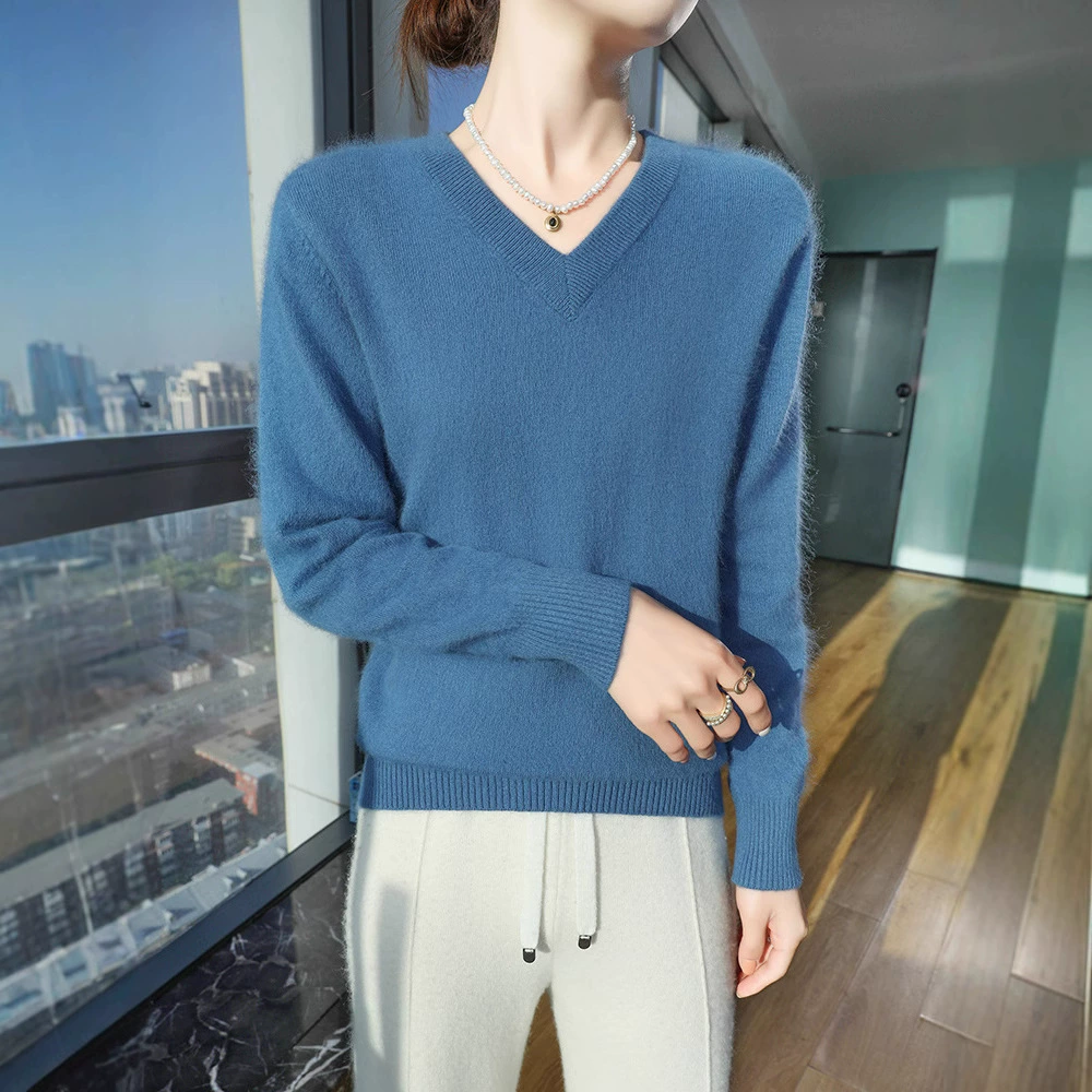 2025 весна и осень новый женский вязаный нижний свитер с V-образным вырезом